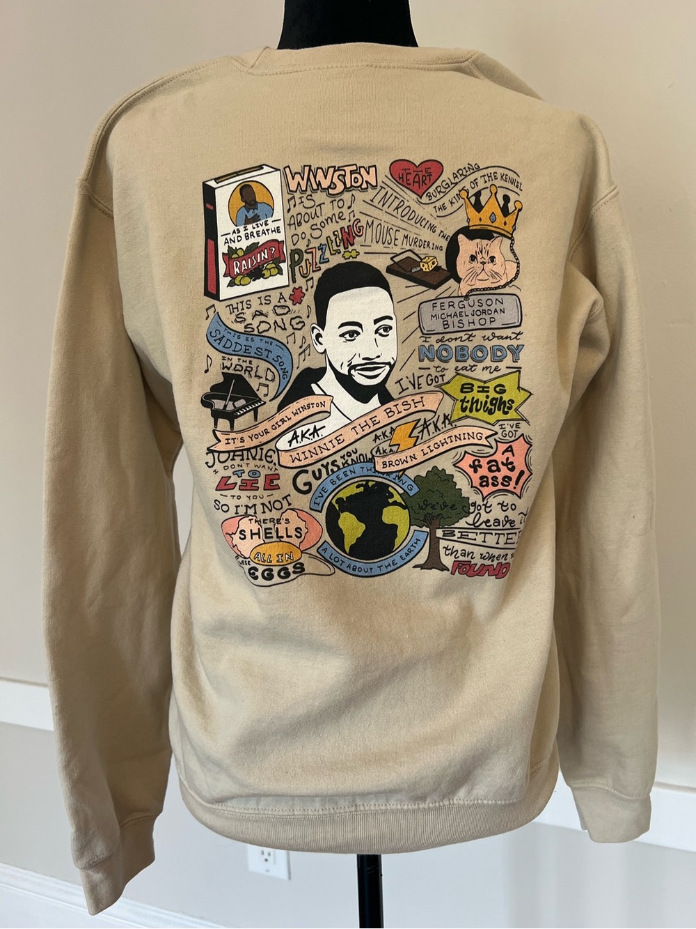New Girl Winston Bishop Cream Crewneck Sweatshirt Funny Sitcom Quotes Size Small